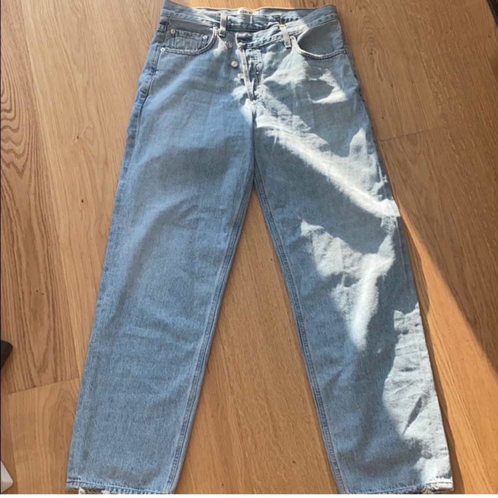 Agolde 27 upside jean asymmetrical button butterfly Classic Blue Women's Jeans - Picture 8 of 13